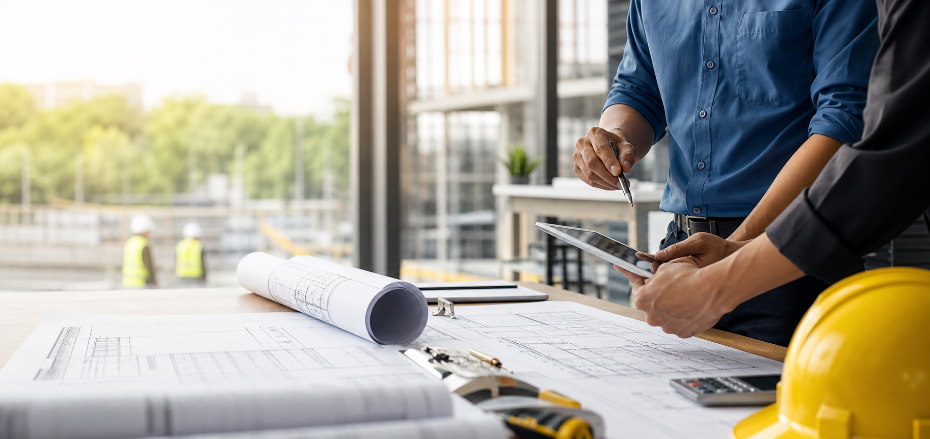 Industrial project planning table with safety equipment and worksite coordination materials